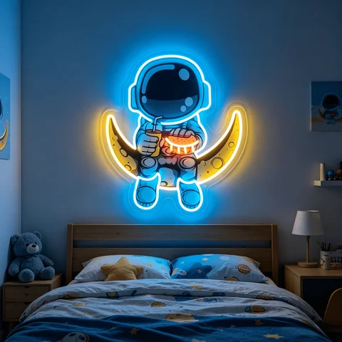 Astronaut Moon Neon Sign, Colorful LED Neon Light for Wall Decor, Space Themed Kids Bedroom Decor, USB Powered