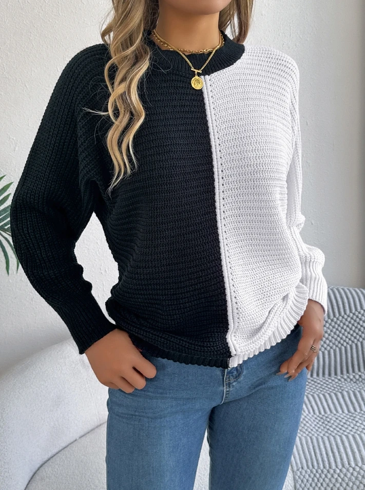 Women's Sweater Knitted Pullover Fashion 2024 Winter Casual Contrast Patchwork Round Neck Long Sleeve Loose Fit Sweater