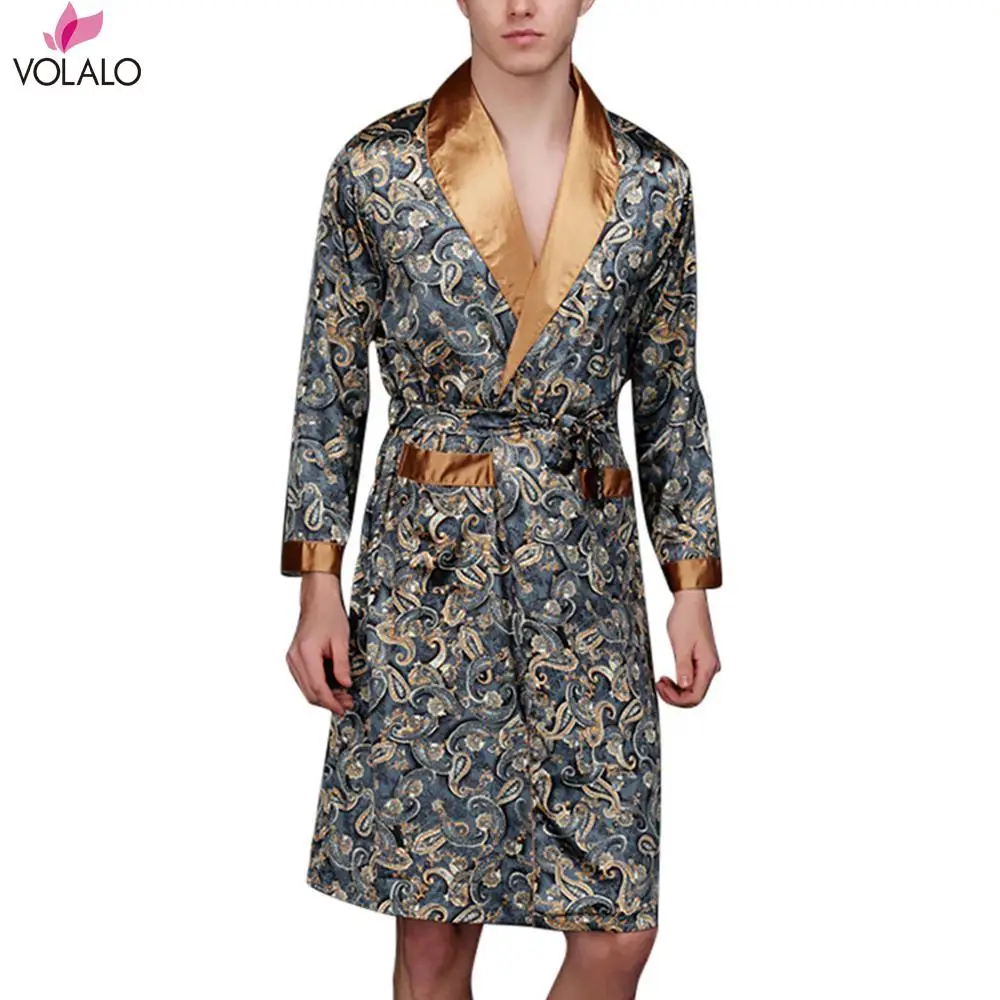 VOLALO Men Bathrobe Men Simulation Silk Print Pajamas Lingerie Robe  Mens Summer Robes Male Senior Satin Sleepwear