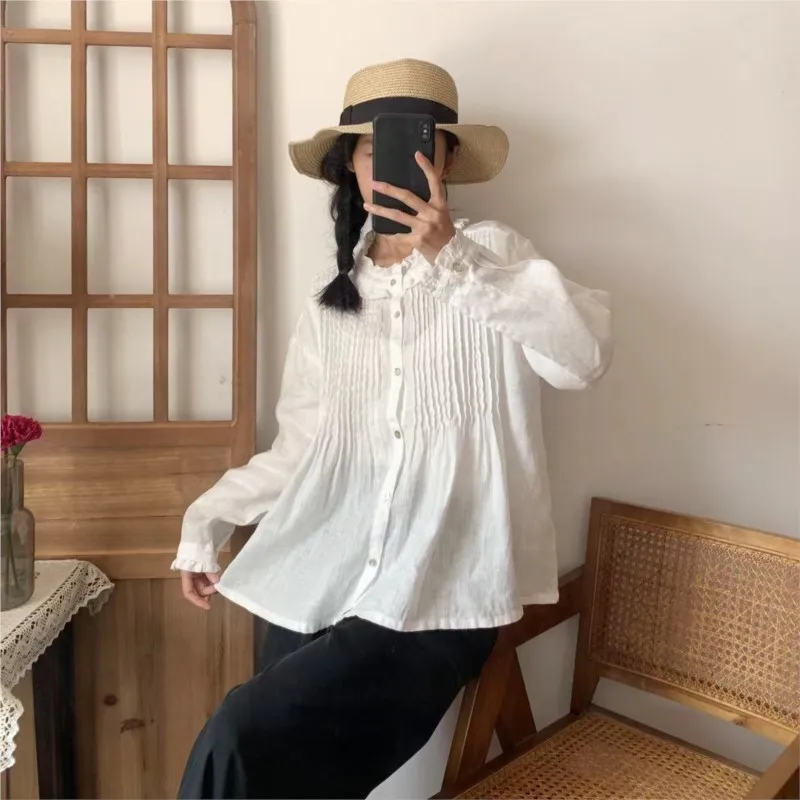 Johnature Summer New Linen Shirts 2024 Ruffles Collar Loose Solid Color Pleated Casual Vintage Loose Women Blouses