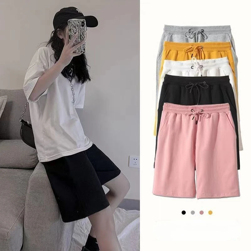 

Summer Solid Color Sports Shorts Pants Women's M-4XL Elastic Waist Straight Loose Casual Knee Length Pants