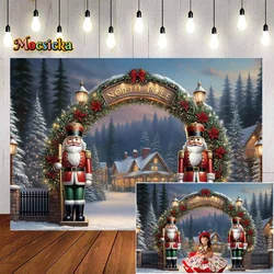 Winter Xmas Night Photography Background North Pole Fairy Tale Town Arched Flower Door Christmas Backdrop Nutcracker Toy Decor