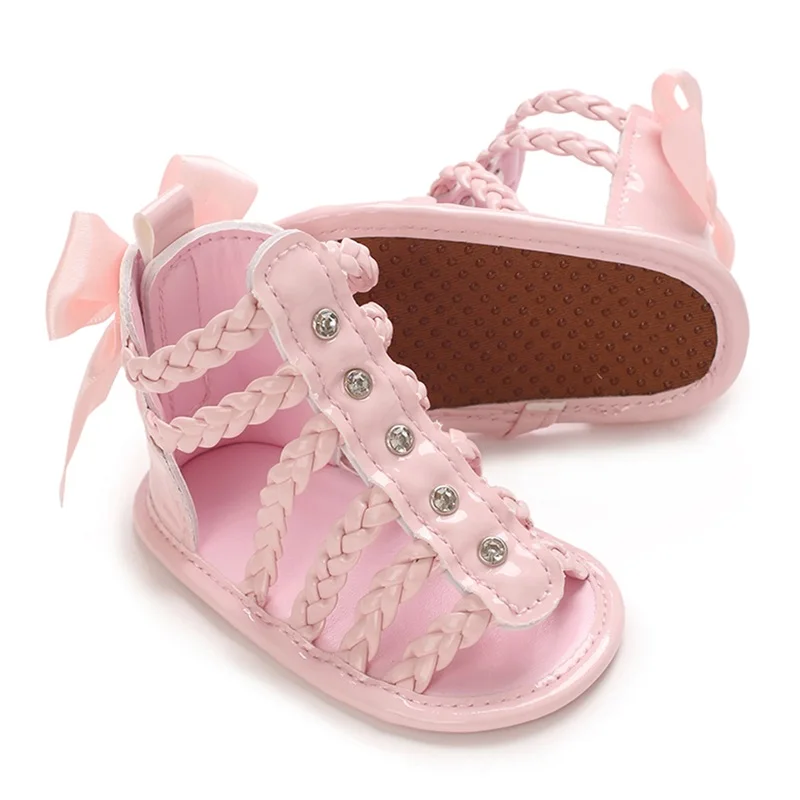 0-18M Baby Meisje Uitgehold Sandalen Pu Leer Gevlochten Antislip Strik Zomer Flats Peuter Schoenen Voor Casual Dagelijks