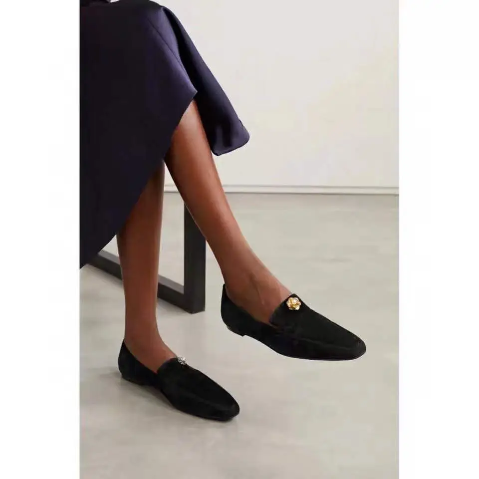 Sheep Suede Crystal Diamond Mandarin Duck Flower Loafers Square Toe Solid Color Simple Casual Comfortable Flat Shoes