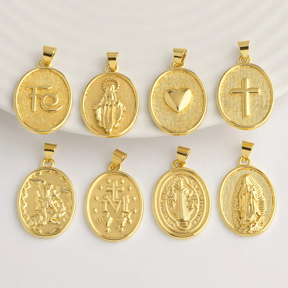 OCESRIO Gold Virgin Mary Pendant Catholic Saint Cross Medal Heart FE Charms for DIY Necklace Jewelry Making Crafts pdtb986