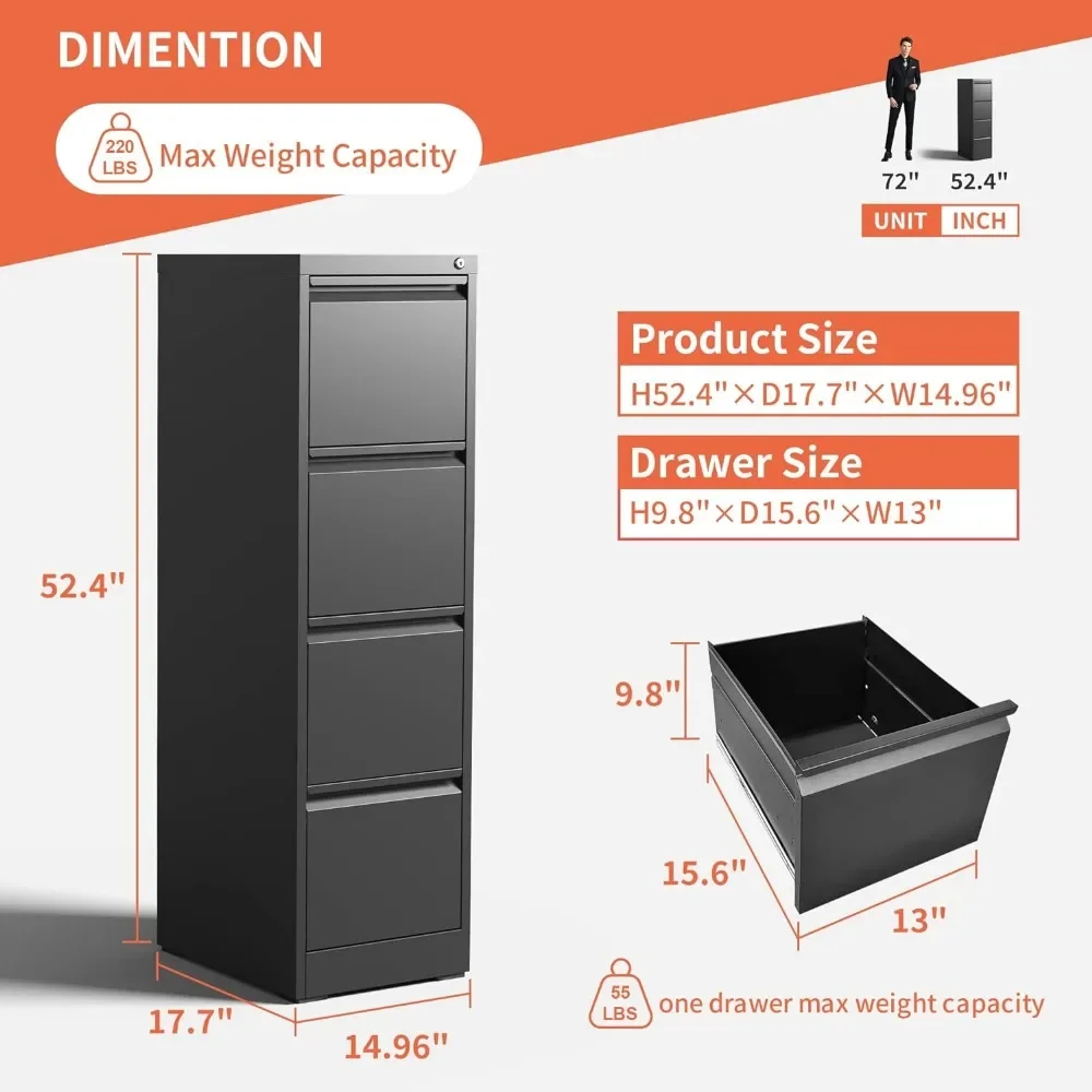 4 MELFile Cabinet, classeurs en métal avec serrure, classeur vertical noir pour le bureau à domicile