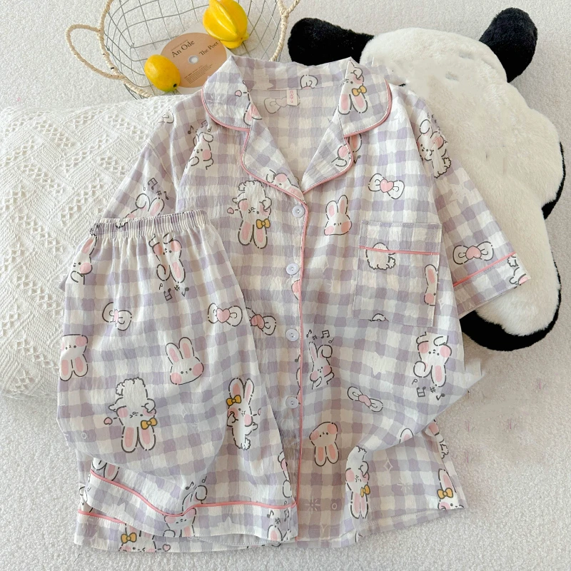 

Cartoon Rabbit Kawaii Plaid Print Pajamas for Women Lapel Neck Elastic Waist Design Sleepwear New Summer Cool Women's Pajamas