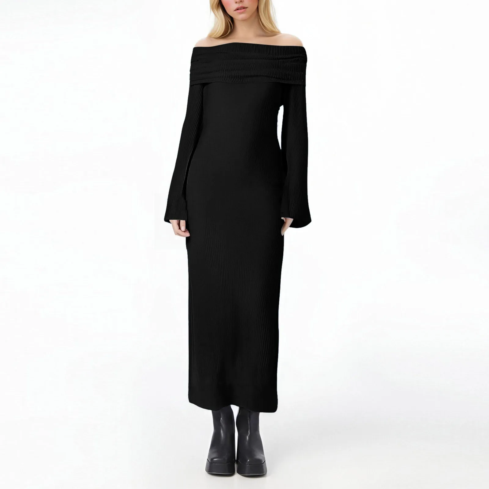 Elegant Off Shoulder Maxi Dress Bodycon Sweater Dress Solid Color Long Sleeve Knitted Party Dresses