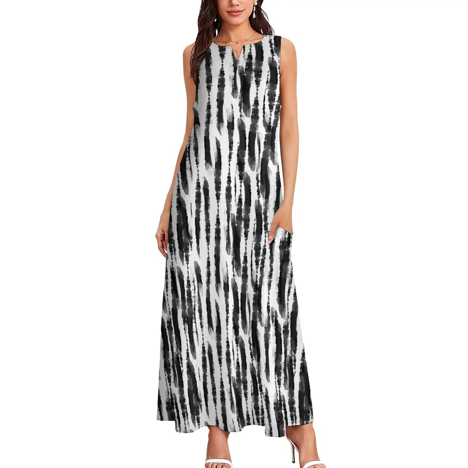 White Black Tie Dye Women Dress Abstract Print Night Club Maxi Dress Street Bohemia Long Dresses Ladies V-Neck Oversize Vestidos