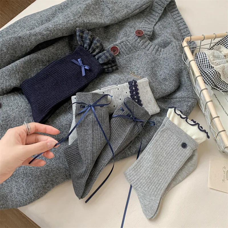 1足 2025秋冬新作 コットンソックス ブルーグレー レディース ミドル丈ソックス リボン付き 韓国風 ロングフリルソックス 高品質