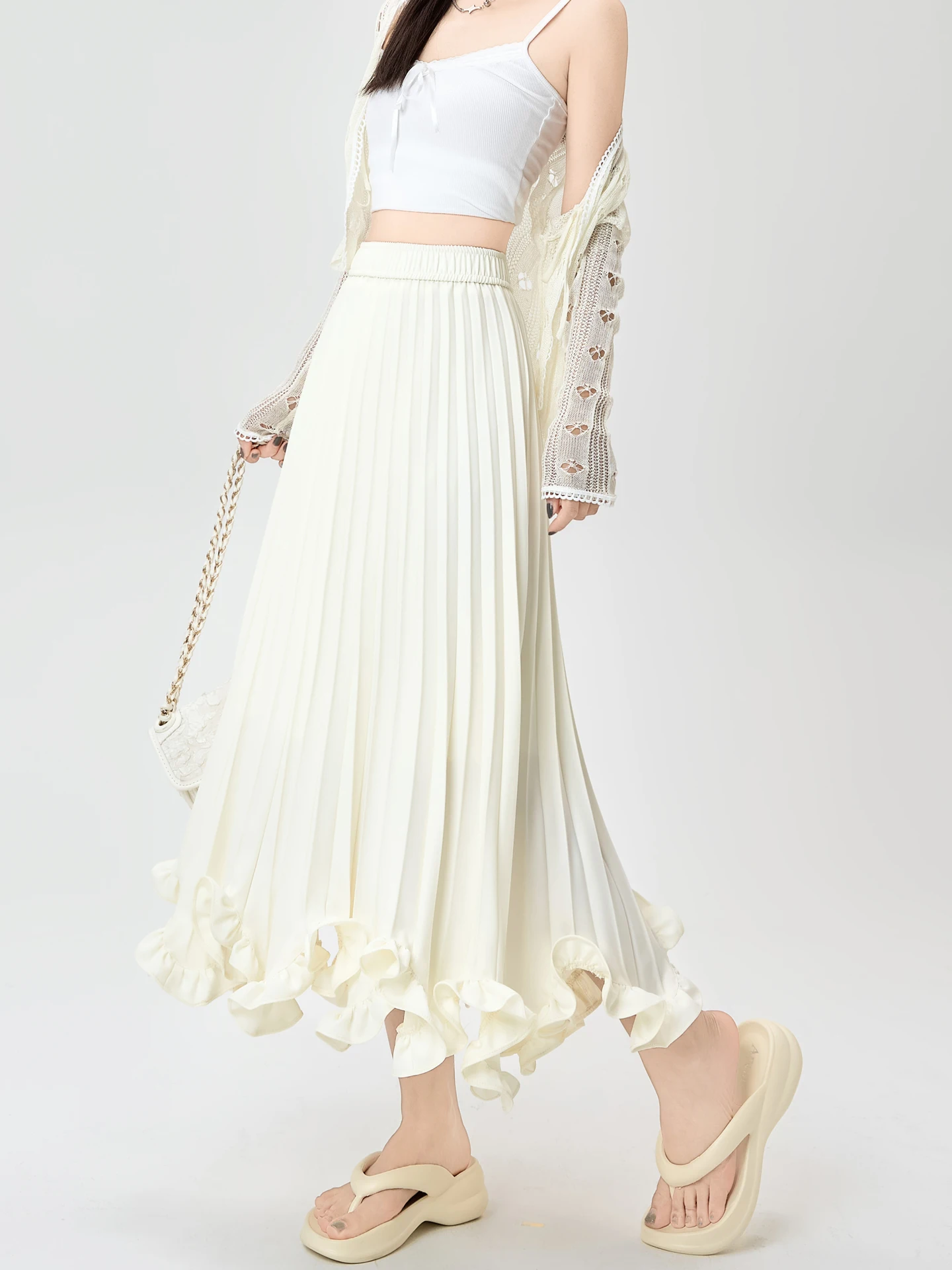 Ijs Zijde Bloemblaadje A-lijn Rok Dames Zomer Dunne High-End Gevoelens Plooirok Koreaanse Sle Woon-werkverkeer Casual Polyestervezel