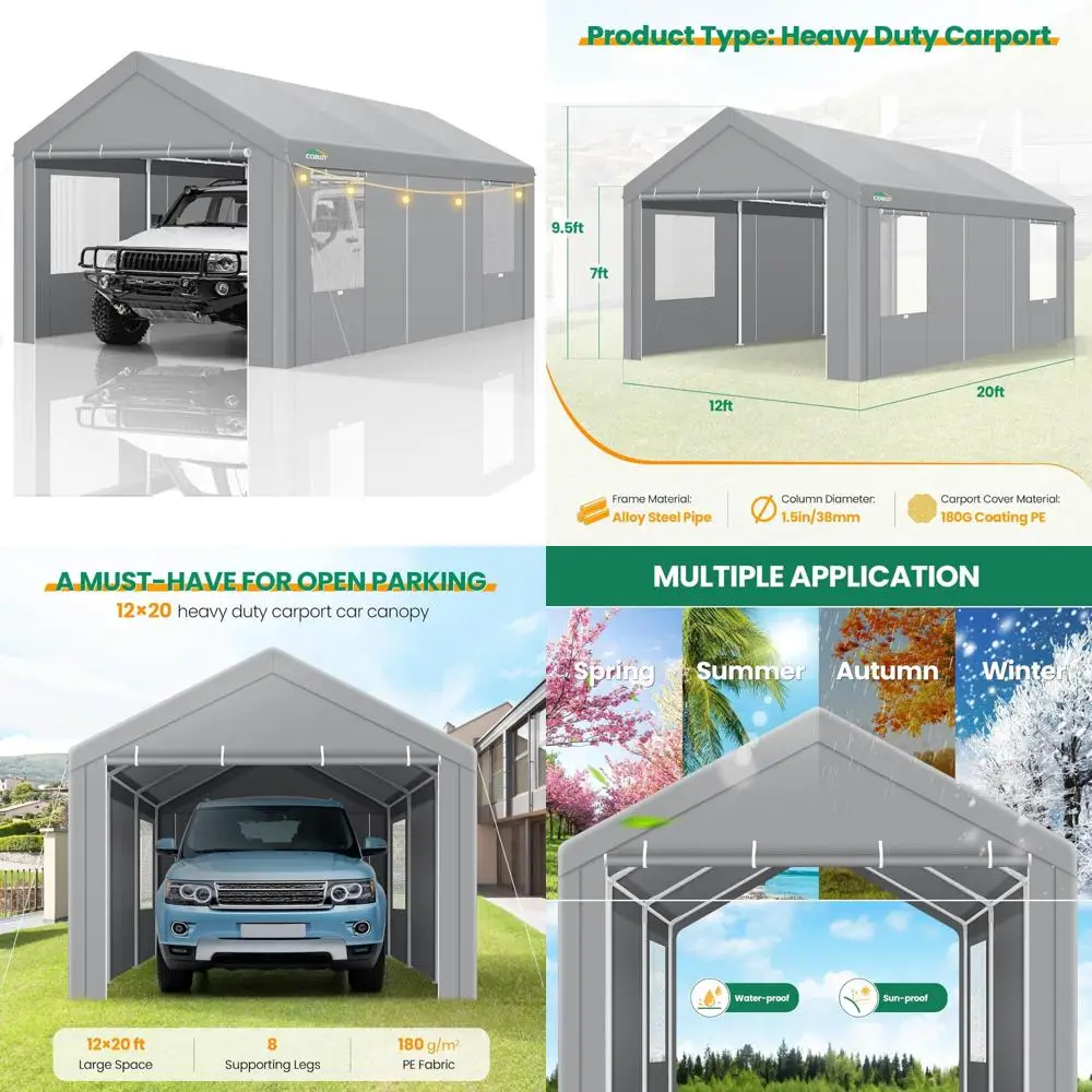

carport canopy 12x20 heavy duty portable garage with removable sidewalls & doors, galvanized frame car port canopy tent waterpr
