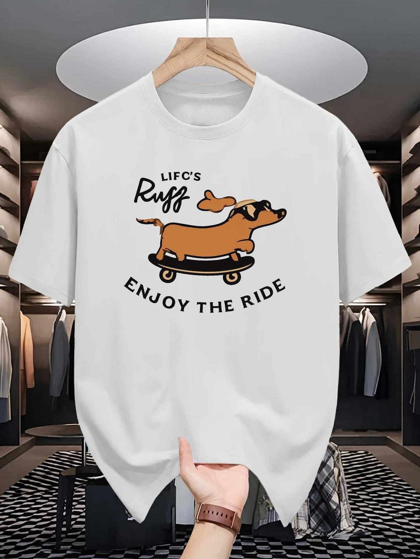 Skateboarding Dachshund Graphic Mens Crew Neck T Shirt Enjoy The Ride Funny Dog Print Short Sleeve Casual Cotton Daily Tops