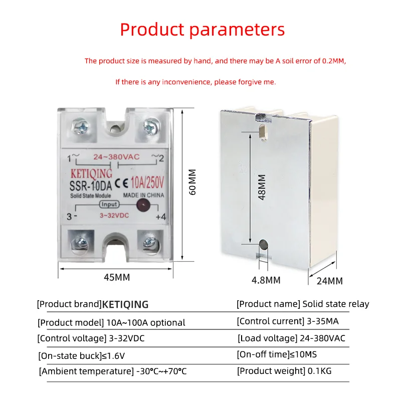 Solid State Relay  SSR-10DA SSR-25DA SSR-40DA SSR-60DA SSR-80DA SSR-100DA  Module 3-32V Input DC 24-380V AC Output High Quality