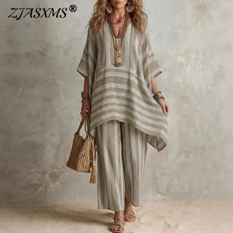 Boho Vintage Gestreiftes 2-Teiliges Set für Damen, Frühling V-Ausschnitt Halbarm-Oberteil, Weite Hose, Neues Sommer-Strand-Urlaubsoutfit