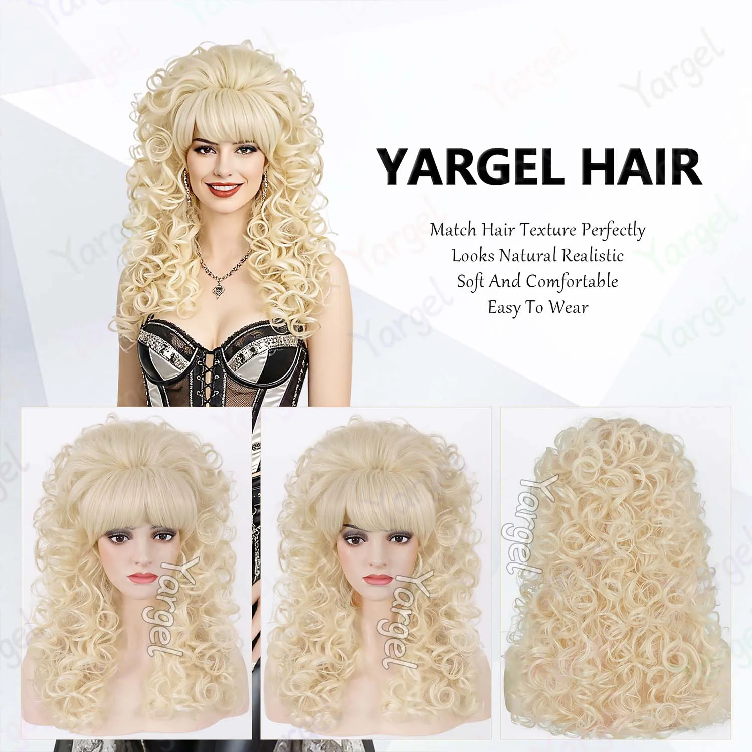 Synthetic Long Blonde Curly Wig with Bangs for Women, Multi Colores Retro Bouffant Beehive Dolly Wig for Halloween Cosplay Party image 4