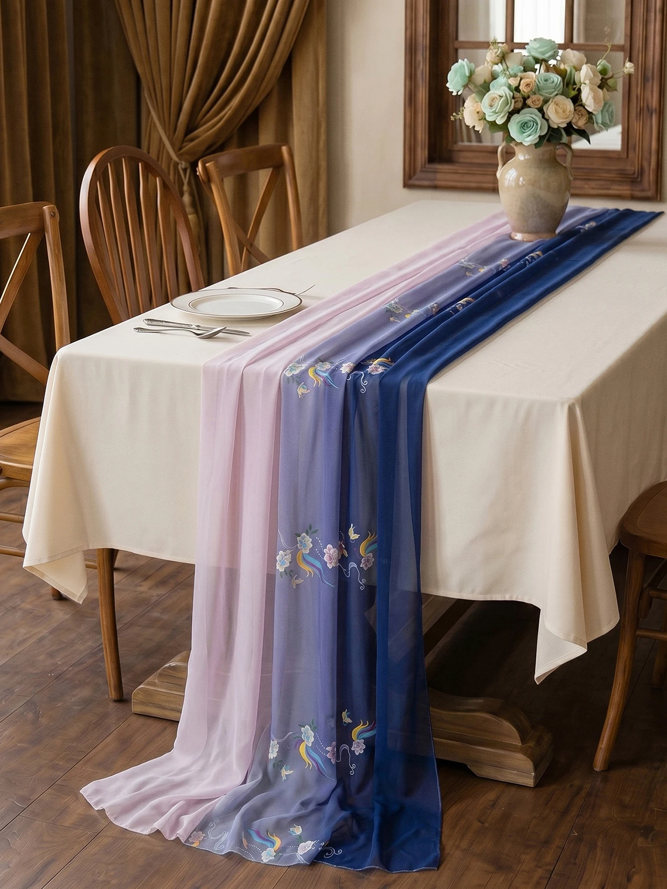 Transparent Chiffon Tablecloth, Colorful Flower Print Pattern for Home Decoration, Dining Table Decoration, Kitchen, Restaurant