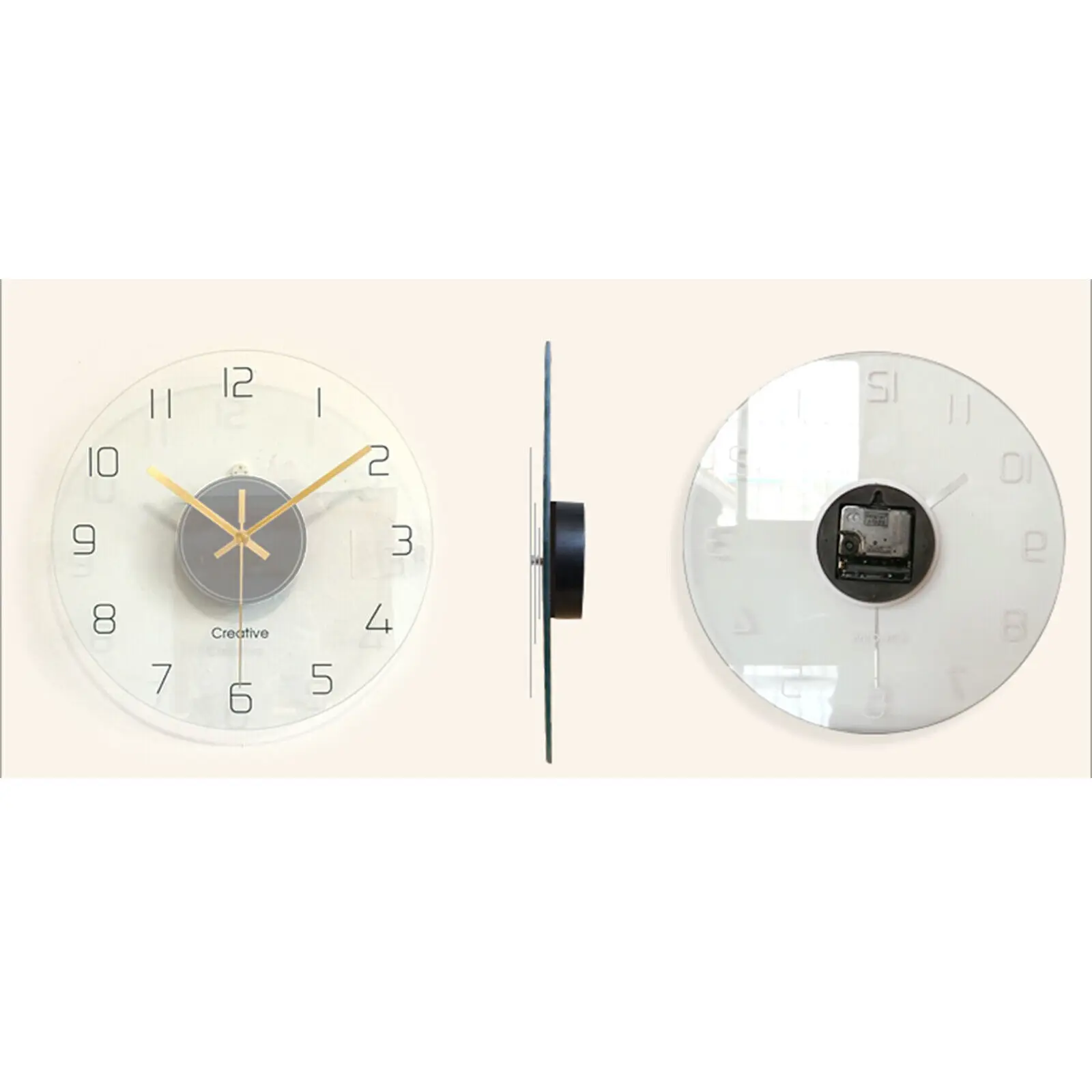 30cm Round Wall Clock Round Tempered Glass Clear Wall Clock Ultra Thin Design