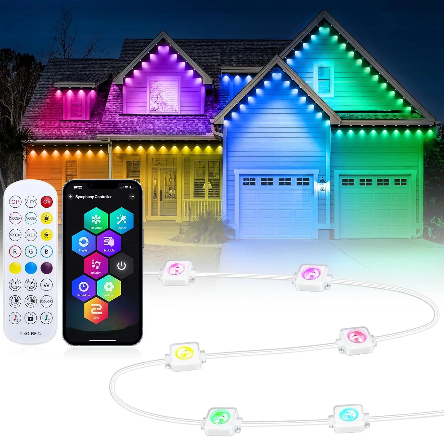 

100FT Permanent Outdoor Lights with 60 LEDs, RGB+IC Eaves Lights, IP67 Waterproof, Multi Scenes, Works with APP & Remote