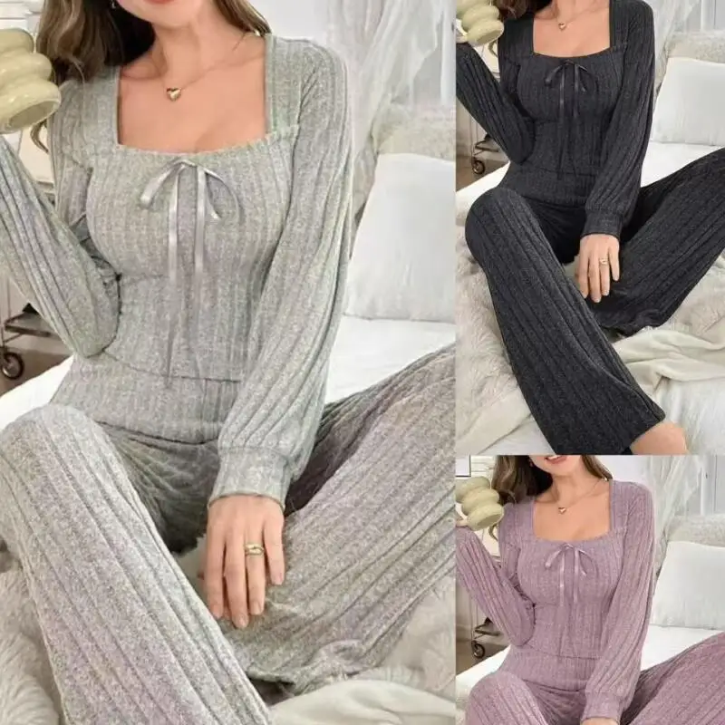 Autumn New Women Sleepwear Pajamas Set Elegant 2 Pcs Shirt&pants Sleepwear Homewear Solid Color Soft Comfy Loungewear Nightwear