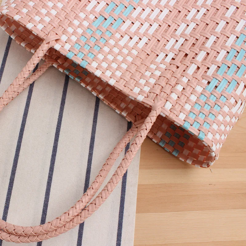 Japanese and Korean plastic waterproof striped bag Foreign trade shopping bag Single shoulder bag Fashion woven women's bag