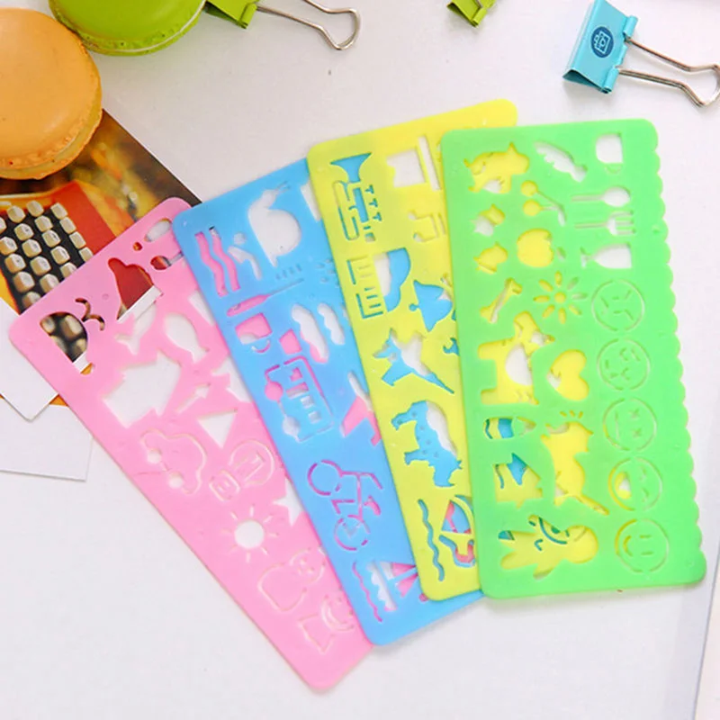 4PCS Candy Color Cute Art Graphics Symbols Drawing Template Stationery Ruler Student Kids Drafting Stencil Ruler Stationery