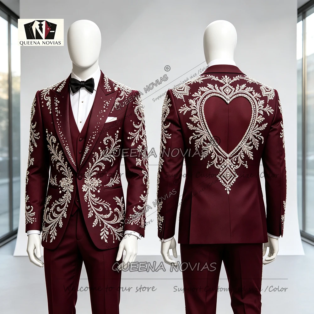 Exclusive Suit Men Slim Fit Beadwork Stones Embellishment Prom Blazer With Trousers 2 Piece Sets Groom Wedding Tuxedo US32-US52