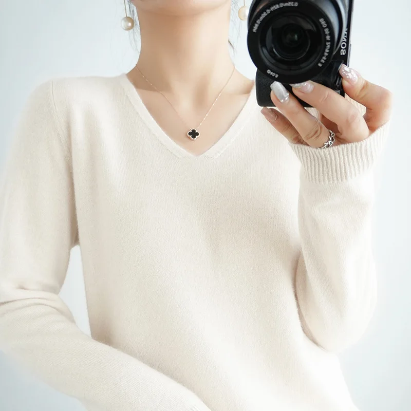 Women Sweater Autumn Winter Pullovers 2024 Long Sleeve V-neck Soft Knitwears Casual Slim Bottoming Shirt High Strecth Jumpers