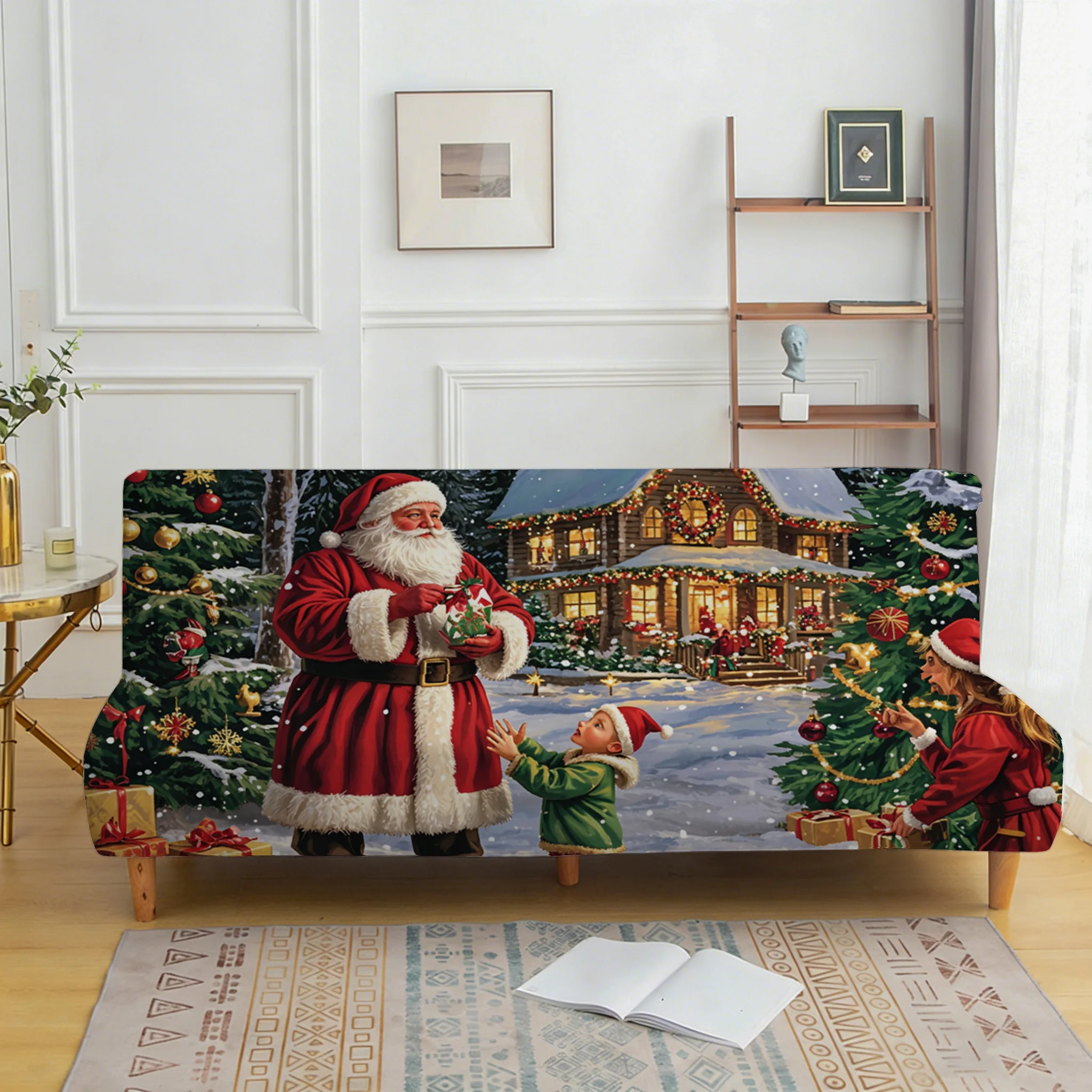 1PC Christmas Santa Claus printed elastic folding sofa bed cover Christmas holiday decoration, sofa bed without armrests