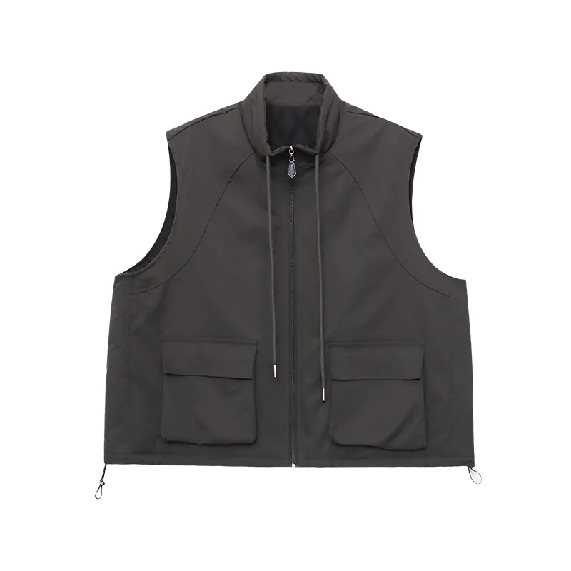 

Women Vests Coats Solid Jacket Zipper Drawstring Pocket Stand Collar Long Sleeve Loose Fit Casual Office Lady 2025 Autumn Winter