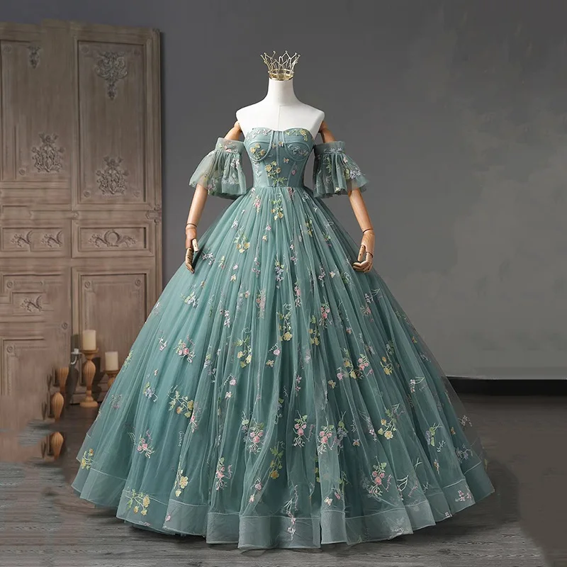 Robe de soirée en tulle à épaules dénudées avec poignées amovibles, robes de Quinceanera élégantes personnalisées, longueur au sol, bleu, ligne A