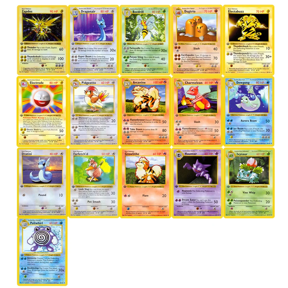 PTCG - conjunto base 1a edição, 102pcs Blastoise Squirtle Pikachu TCG Jogos de tabuleiro Cartão Proxy