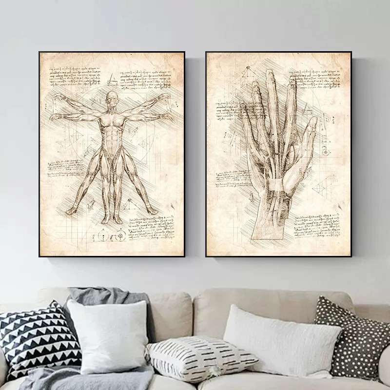 Canvas Painting Vintage Da Vinci Inspired Sketches Vitruvian Man Human Dental Anatomy Poster Wall Art Pictures Home Room Decor