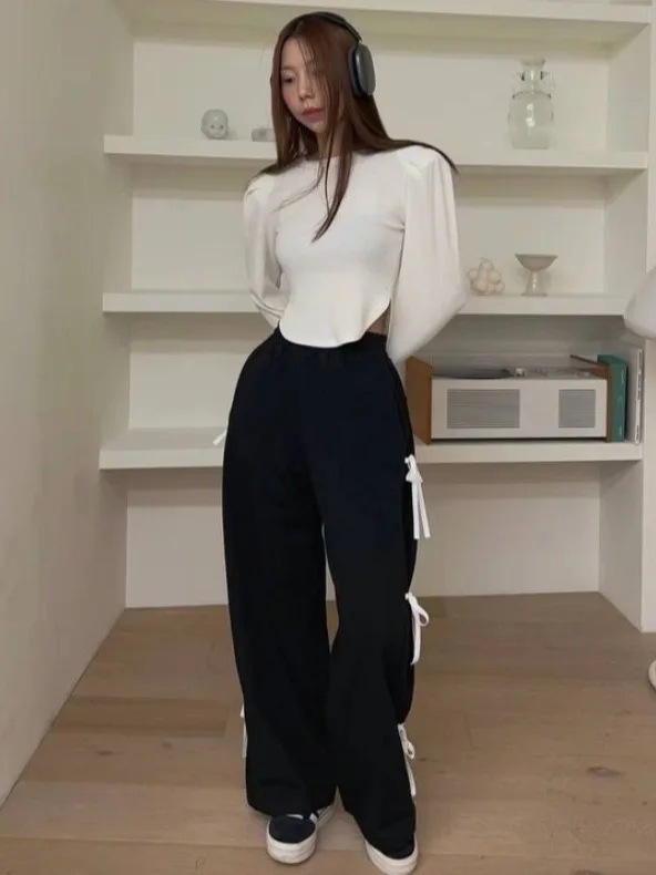 Eleganckie letnie nowe spodnie z kokardką, elastyczną talią, prostymi nogawkami, długie spodnie w stylu ulicznym.