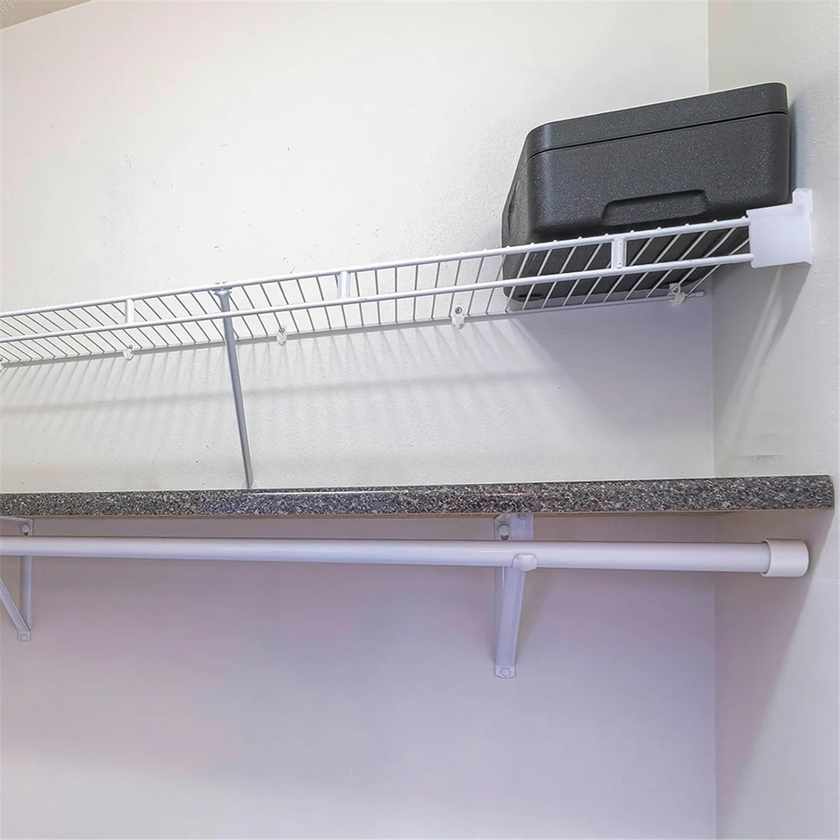 

A002 16 Pcs 12 Inch Wire Shelf Support Brackets Kit 4 Closet Support Brace 8 Down Wall Clips and 4 Wire Shelf End Brackets