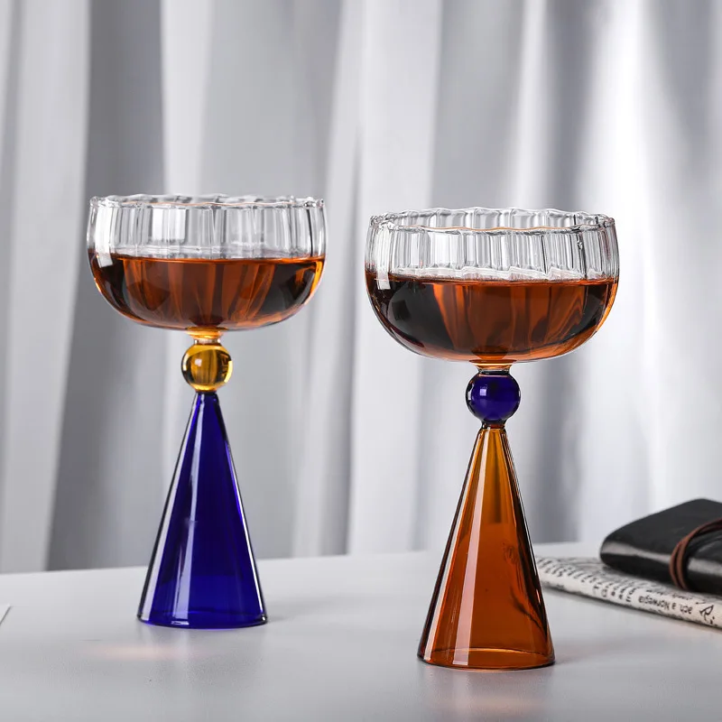 250ml Elegant Champagne Coupes Nordic Inner Ripple Wine Glasses With Ball Stemmed Goblet Cup Blue Amber Base Cup 1 Piece