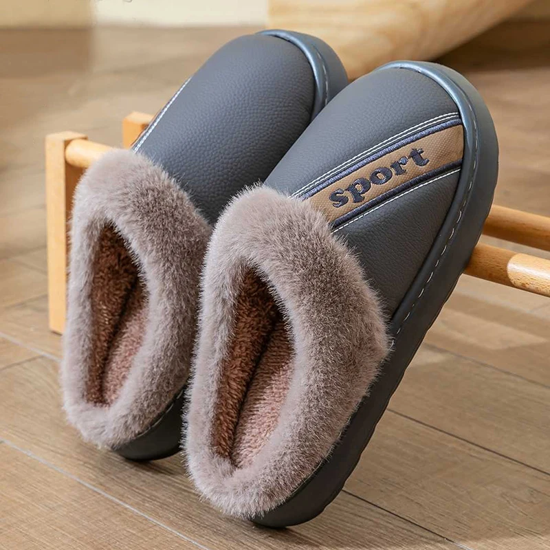 

Big Size Men Winter Slippers Casual Thick Sole Soft Footwear Waterproof PU Leather Fashion Man Furry Floor Shoes Warm Home Flats