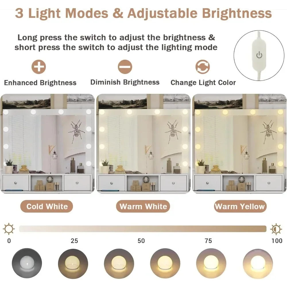 Dresser with mirror and light, with upholstered stool, 3 lighting modes with adjustable brightness, with folding panel Dressers