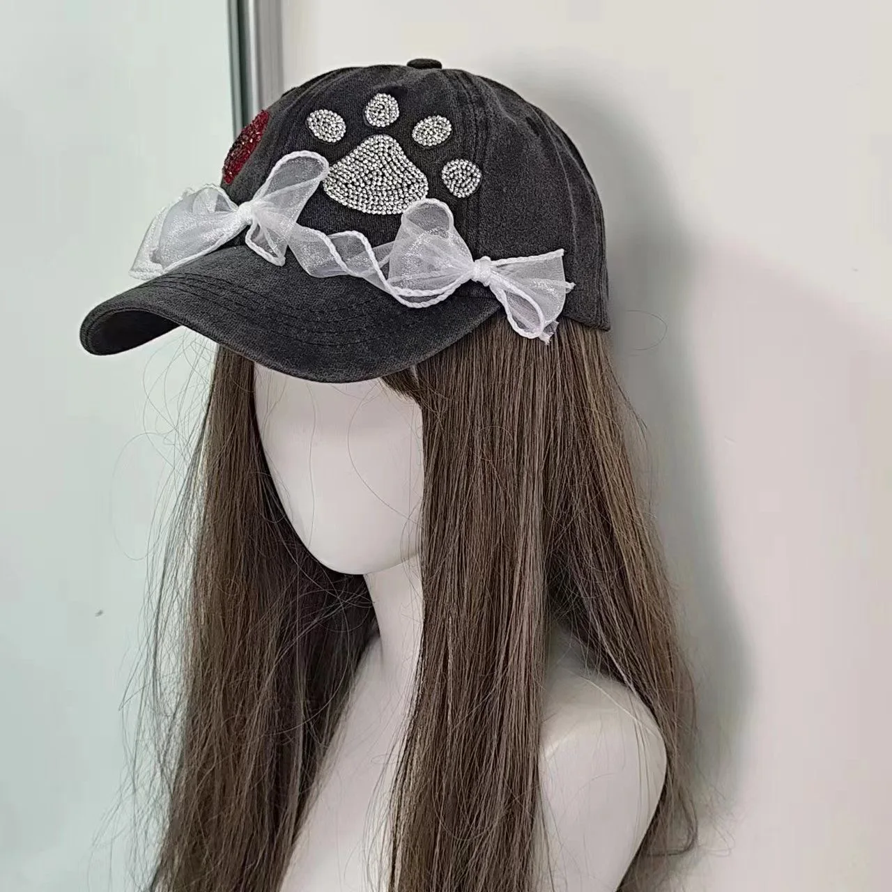 Ins estilo retro arco strass ballet estilo boné verão lolita y2k renda tempero menina lavado boné de beisebol