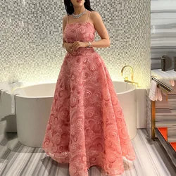 Customized Women 2023 New 3D Roseleaf Prom Dress Strapless Evening Dresses Square Neck Lace UP Party فساتين للحفلات الراقصة