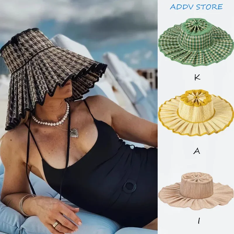 Y2K Parent-Child Summer Reversible Pleated Sun Hats for Women Casual Straw Hat Outdoor Beach Shade Straps Lady Caps Sombreros