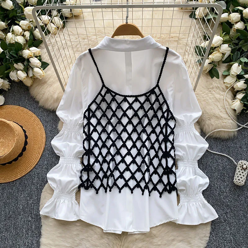 Spring Autumn White Bubble Sleeve Hollow Mesh Shirt Two Piece Set Women New Fashion Stacked Korean Tank Top Sets C643