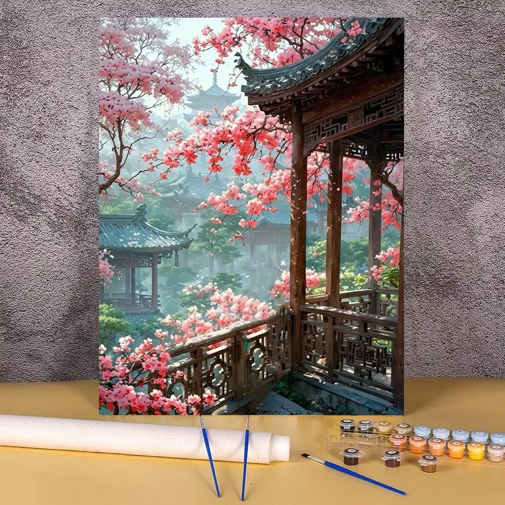 Malen nach Zahlen Set Blumen Gebäude Landschaft DIY Acrylmalerei auf Leinwand Ohne Rahmen Malset für Erwachsene Kinder Anfänger