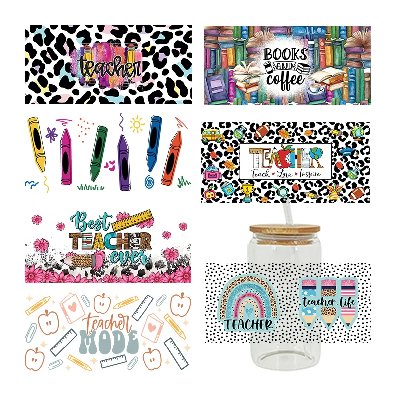 ملصقات نقل DTF ثلاثية الأبعاد للأشعة فوق البنفسجية سعة 16 أونصة يلتف المعلم العودة إلى المدرسة مطبوعة من الجلد المعدني والزجاج وما إلى ذلك. D3604