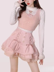 Japanese Kawaii Lolita Mini Skirt Women Winter Lace Casual Elegant Sweet Female Skirt High Waist Bandage Korean Short Skirt New