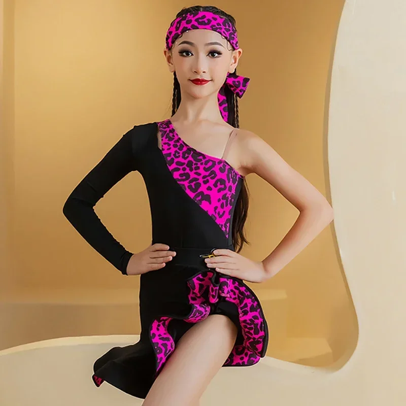 Vestidos de baile de actuación para niños, traje profesional de baile latino con estampado de leopardo rosa para niñas, mono de manga larga, faldas, trajes