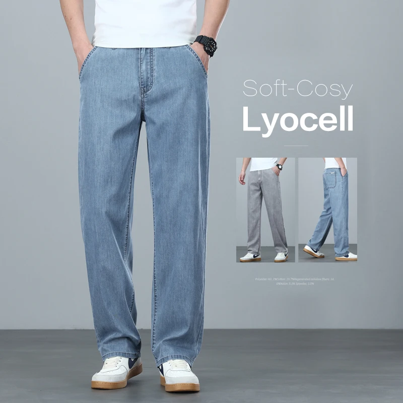 Brand Clothing Summer Cozy Soft Lyocell Men's Jeans Loose Straight Wide Leg Casual With Slant Pockets Trousers Male Plus Size 40 view 2