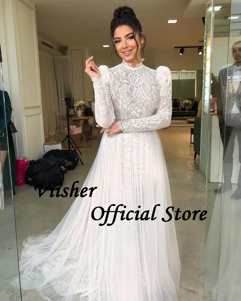 Viisher Luxury Lace Wedding Dresses Long Sleeve High Neck Muslim Dubai Bride Dress Customized Soft Tulle Wedding Bridal Gowns