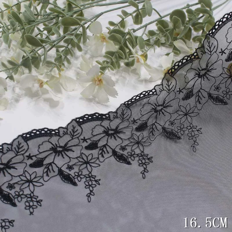 48Yards Black One Side Embroidery Tulle Lace Fabrics DIY Dress Sewing Crafts Floral Lace Fabrics for Lingerie