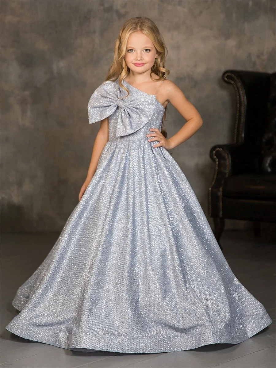 Glitter Satin Princess Flower Girl Dresses One Shoulder Long Silver Child Wedding Party Birthday Dress Bow First Communion Gown